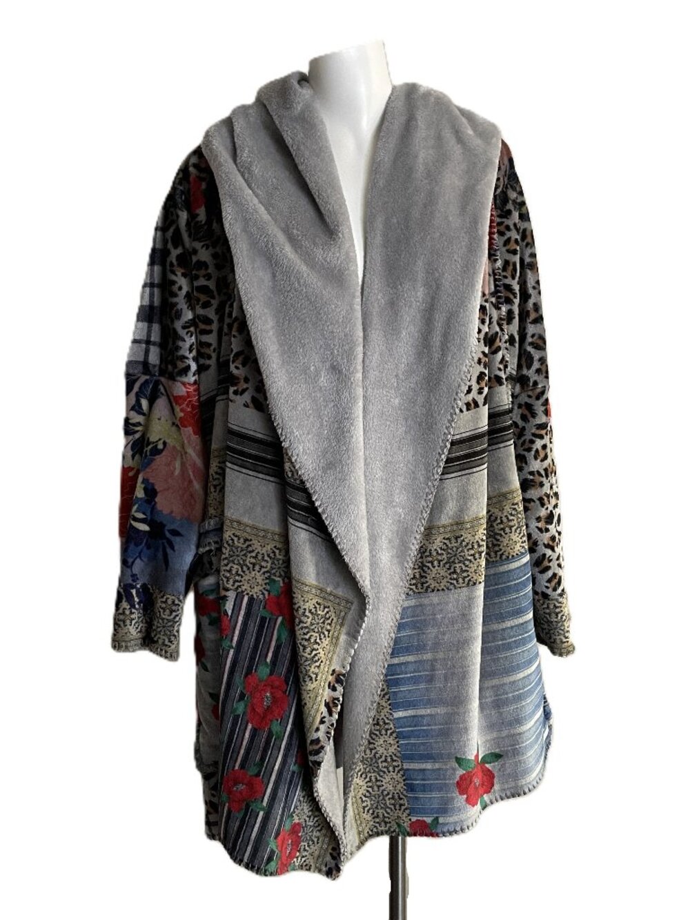 Johnny Was Patchwork Hooded Duster Coat Jacket Sz Large Floral Boho Open Front